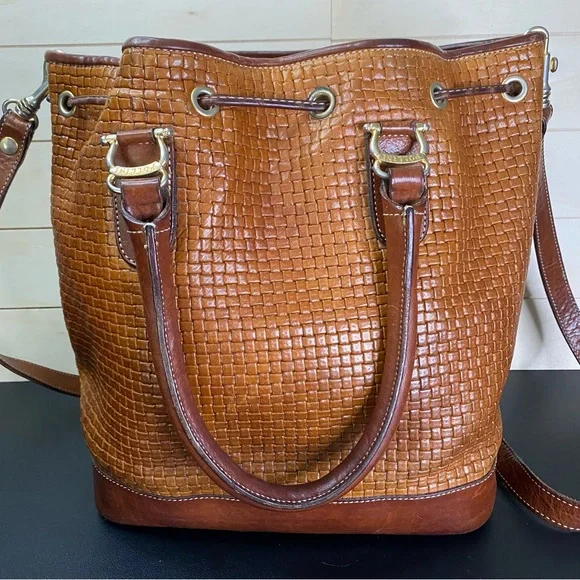 Vintage Pollini Purse Woven Italian Leather Tote Shoulder Bag Brown Brass - Picture 2 of 10